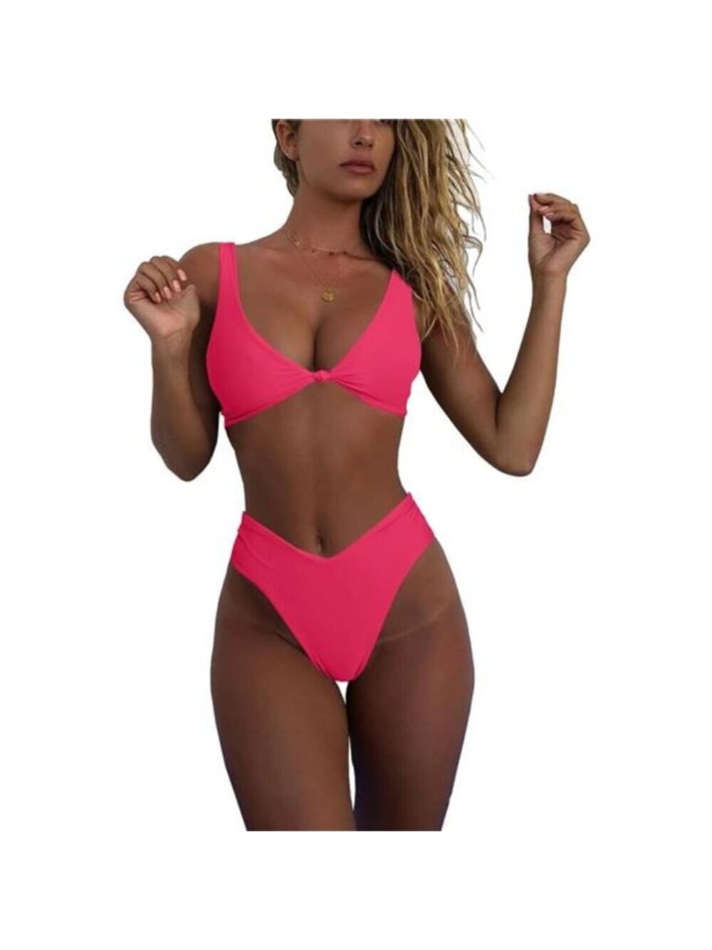 Women's Solid V Neck Knot Front Push Up High Leg Thong Bikini Set
